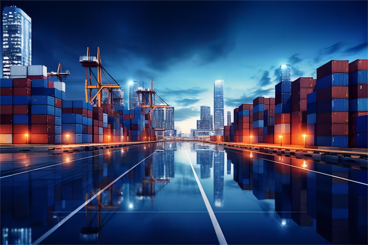 Container ship at sea reflecting global trade routes